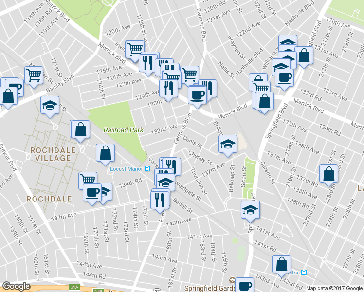 map of restaurants, bars, coffee shops, grocery stores, and more near 178-37 134th Avenue in Queens
