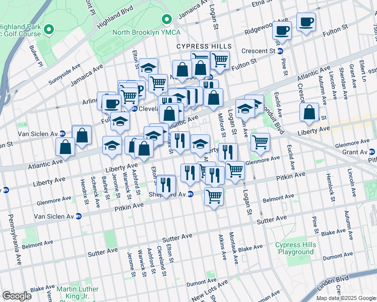 map of restaurants, bars, coffee shops, grocery stores, and more near 779 Liberty Avenue in Brooklyn