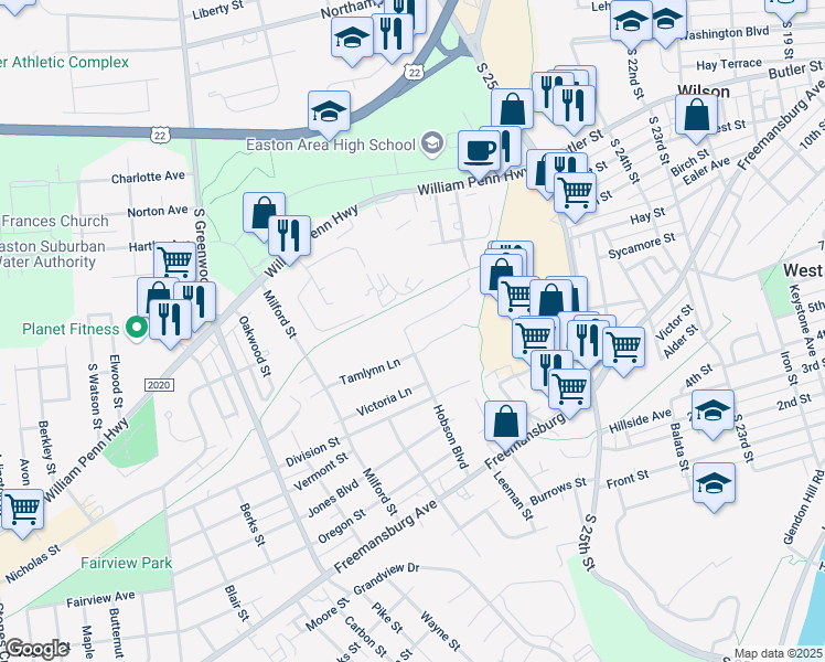map of restaurants, bars, coffee shops, grocery stores, and more near 2666 Anthony Court in Easton