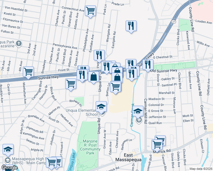 map of restaurants, bars, coffee shops, grocery stores, and more near 9 Burton Lane in Massapequa