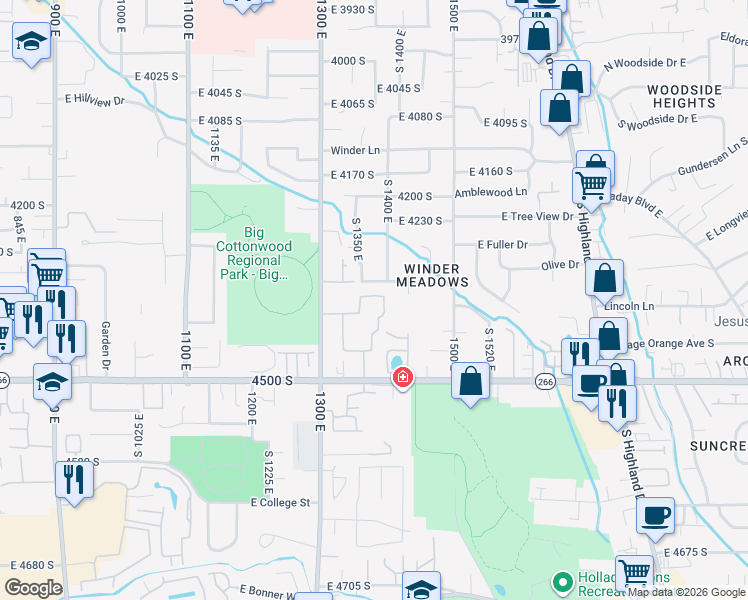 map of restaurants, bars, coffee shops, grocery stores, and more near 1372 Royal Troon Drive in Millcreek