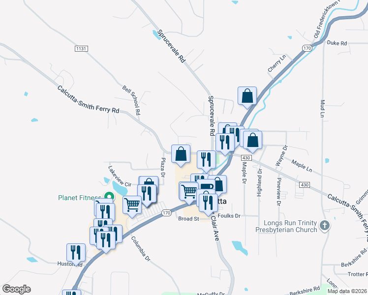 map of restaurants, bars, coffee shops, grocery stores, and more near 48884 Calcutta-Smith Ferry Road in East Liverpool