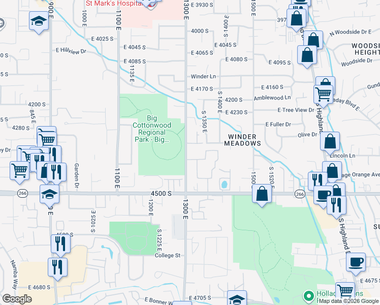 map of restaurants, bars, coffee shops, grocery stores, and more near 4351 South 1300 East in Millcreek