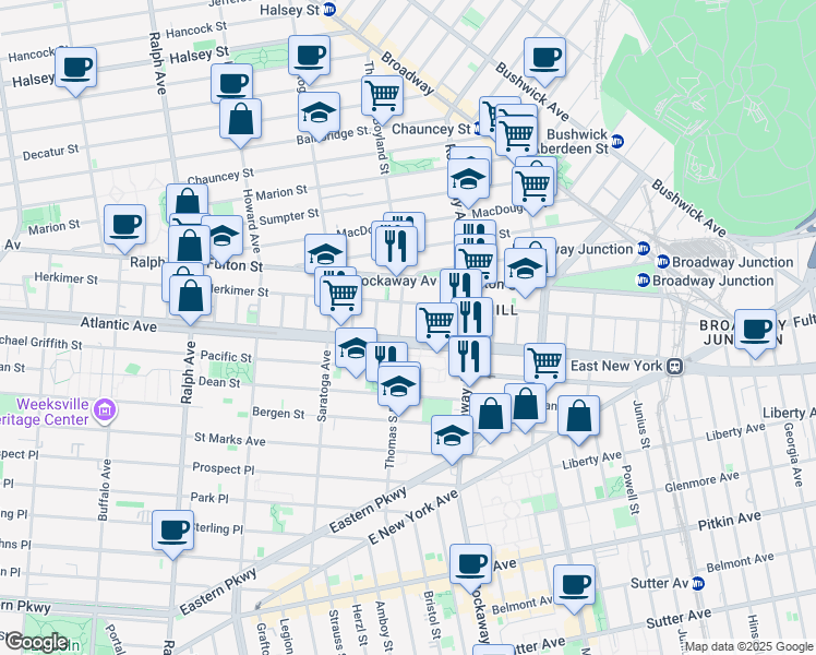 map of restaurants, bars, coffee shops, grocery stores, and more near 221 Thomas S Boyland Street in Brooklyn