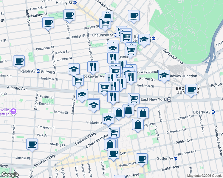 map of restaurants, bars, coffee shops, grocery stores, and more near 184 Rockaway Avenue in Brooklyn