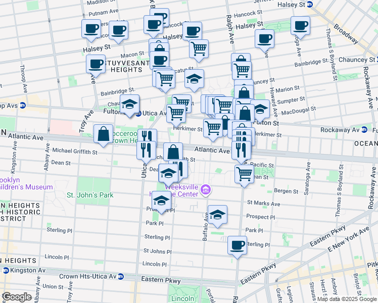 map of restaurants, bars, coffee shops, grocery stores, and more near 1908 Atlantic Avenue in Brooklyn