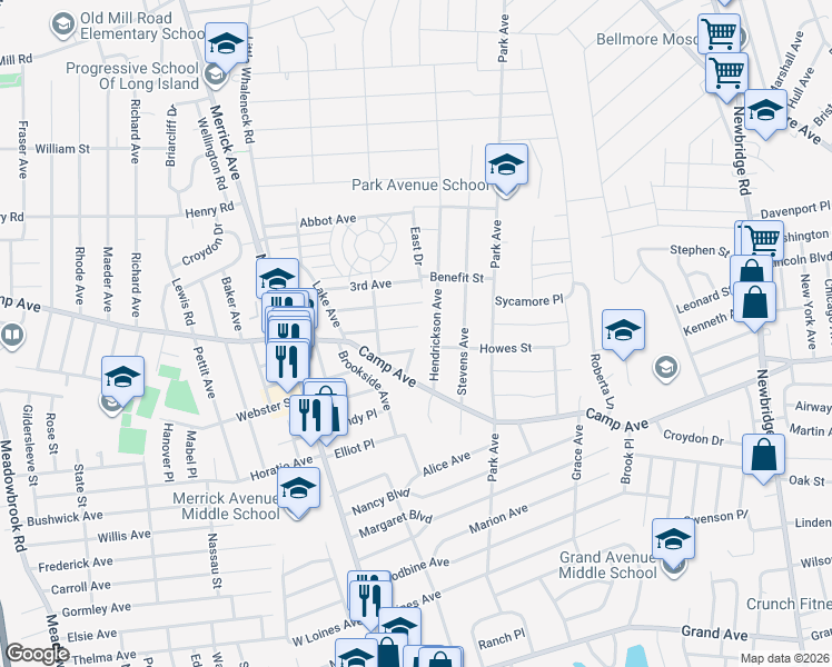 map of restaurants, bars, coffee shops, grocery stores, and more near 2154 1st Avenue in Merrick