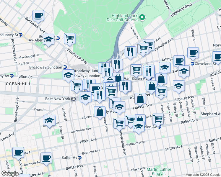map of restaurants, bars, coffee shops, grocery stores, and more near 2640 Fulton Street in Brooklyn