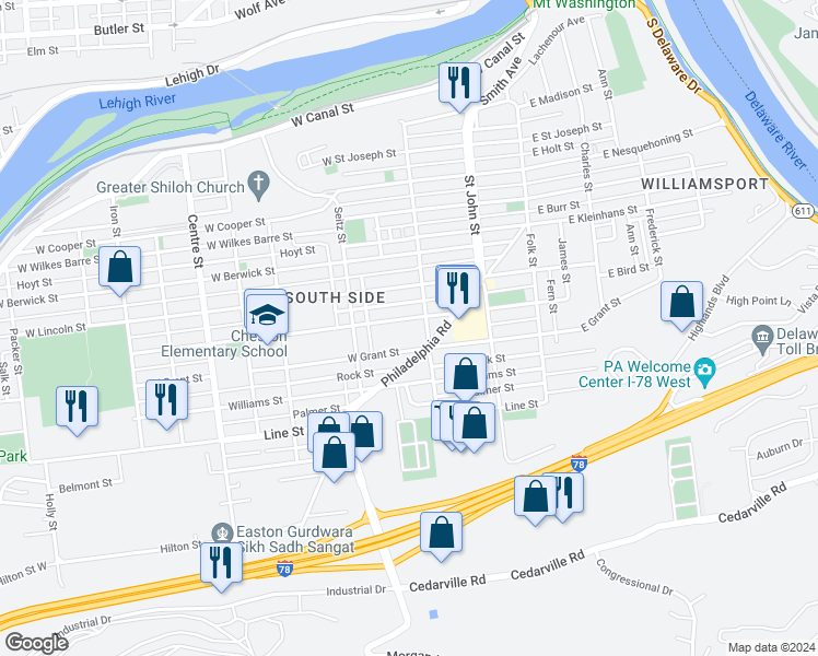 map of restaurants, bars, coffee shops, grocery stores, and more near 322 W Milton St in Easton