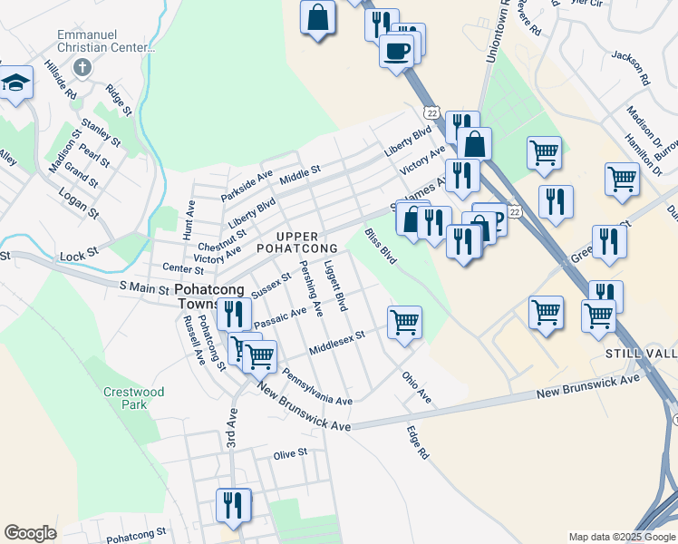 map of restaurants, bars, coffee shops, grocery stores, and more near 203 Liggett Boulevard in Phillipsburg