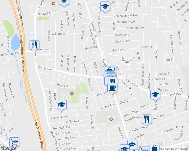 map of restaurants, bars, coffee shops, grocery stores, and more near 1947 Camp Avenue in Merrick