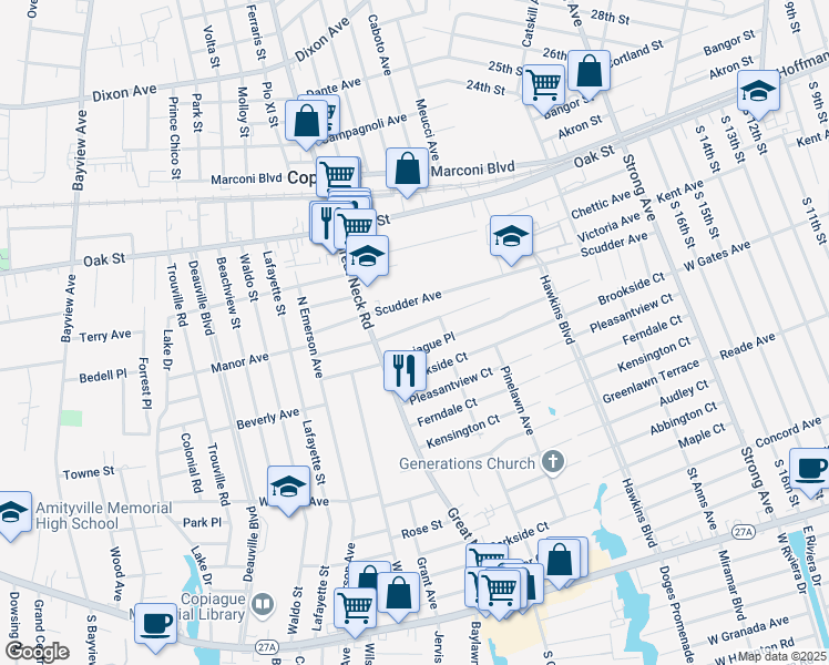 map of restaurants, bars, coffee shops, grocery stores, and more near 240 Florida Avenue in Copiague