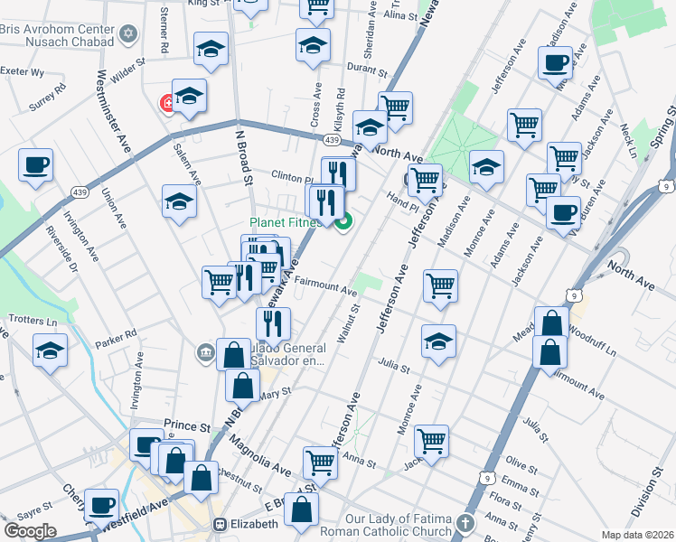 map of restaurants, bars, coffee shops, grocery stores, and more near 613 Pennsylvania Avenue in Elizabeth