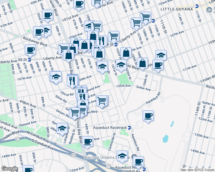 map of restaurants, bars, coffee shops, grocery stores, and more near 97-40 Plattwood Avenue in Queens
