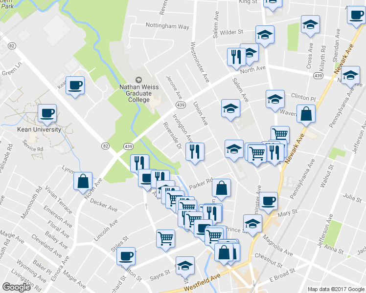 map of restaurants, bars, coffee shops, grocery stores, and more near 577 Riverside Drive in Hillside