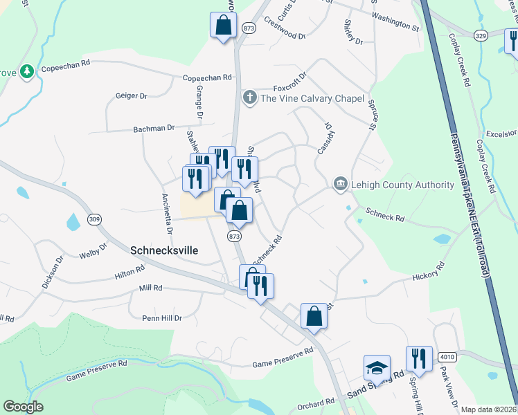 map of restaurants, bars, coffee shops, grocery stores, and more near 5067 Mohawk Drive in Schnecksville