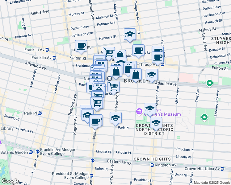 map of restaurants, bars, coffee shops, grocery stores, and more near 1263 Dean Street in Brooklyn