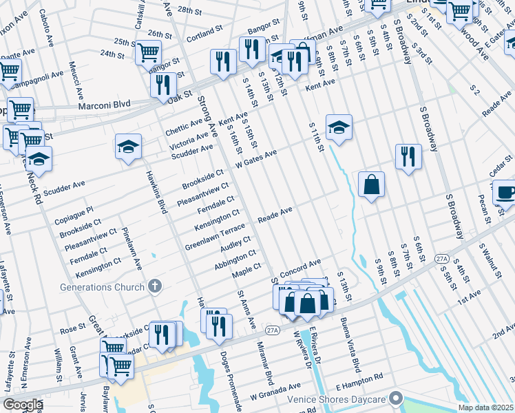 map of restaurants, bars, coffee shops, grocery stores, and more near 375 South 16th Street in Lindenhurst