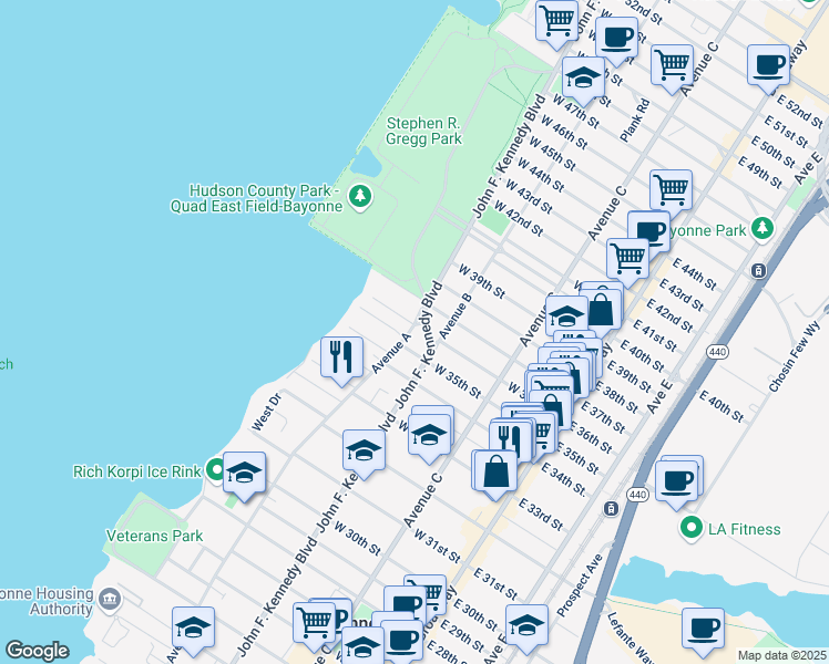 map of restaurants, bars, coffee shops, grocery stores, and more near 838 Avenue A in Bayonne