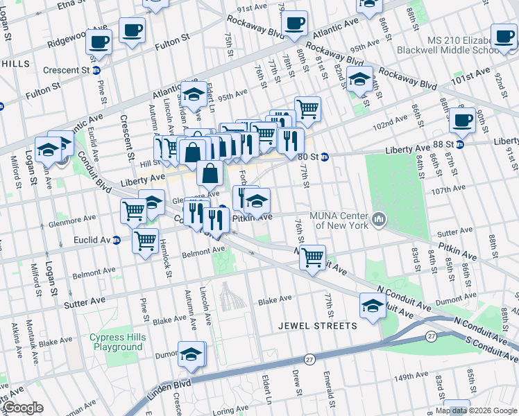 map of restaurants, bars, coffee shops, grocery stores, and more near 566 Drew Street in Brooklyn