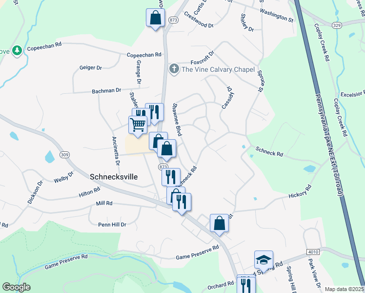map of restaurants, bars, coffee shops, grocery stores, and more near 5079 Mohawk Dr in Schnecksville