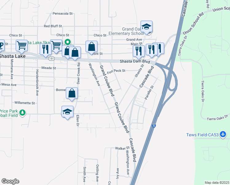 map of restaurants, bars, coffee shops, grocery stores, and more near 5002 Boulder Street in Shasta Lake