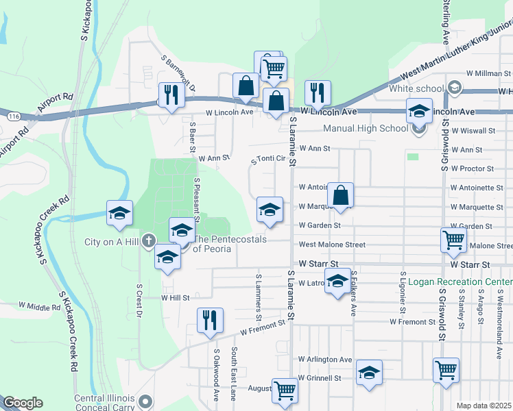 map of restaurants, bars, coffee shops, grocery stores, and more near 1031 S Tonti Cir in Peoria