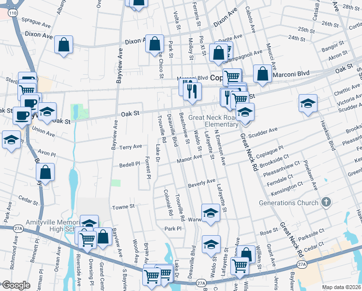 map of restaurants, bars, coffee shops, grocery stores, and more near 314 Deauville Boulevard in Copiague
