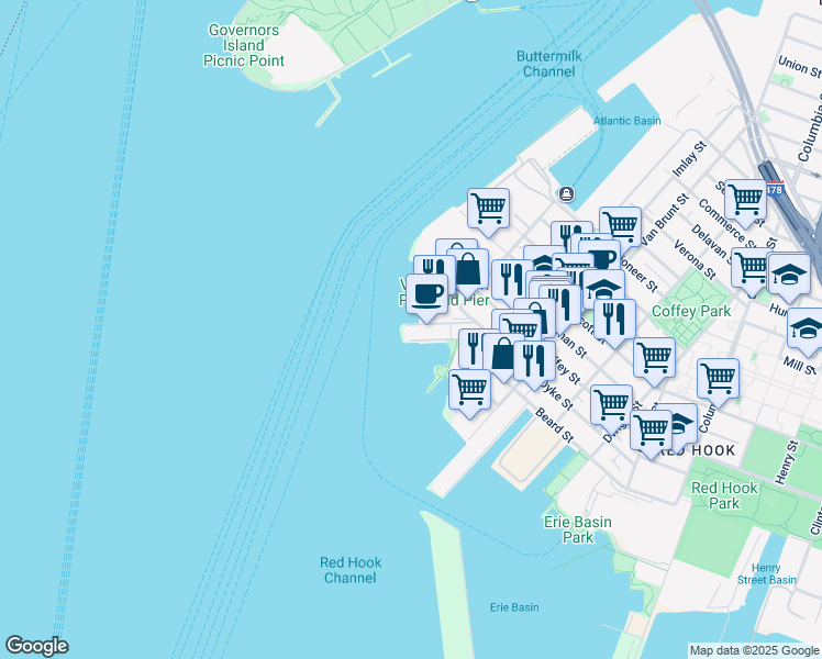 map of restaurants, bars, coffee shops, grocery stores, and more near 260 Conover Street in Brooklyn