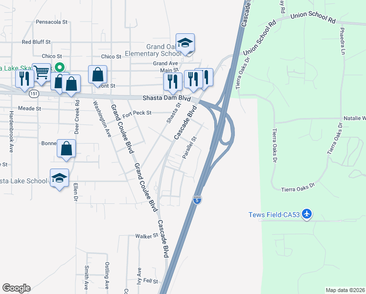 map of restaurants, bars, coffee shops, grocery stores, and more near 5332 3rd Street in Shasta Lake