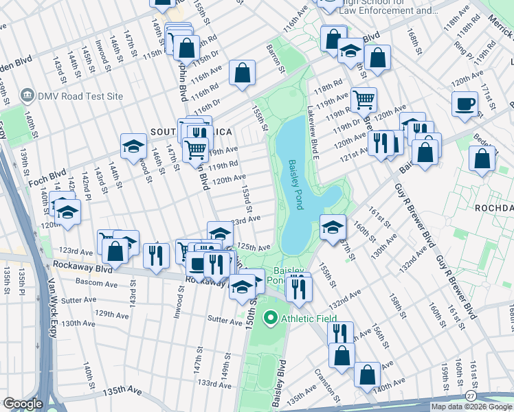 map of restaurants, bars, coffee shops, grocery stores, and more near 153-12 122nd Avenue in Queens