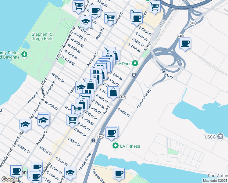 map of restaurants, bars, coffee shops, grocery stores, and more near 46 East 42nd Street in Bayonne