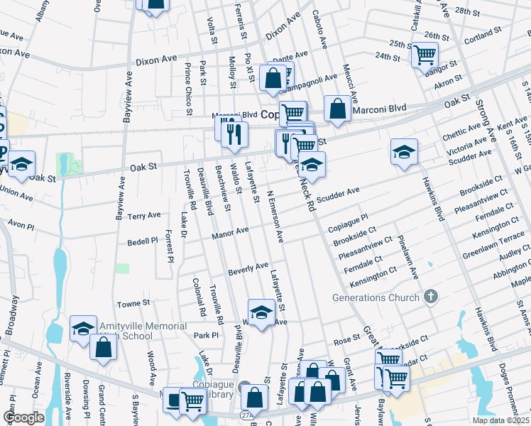 map of restaurants, bars, coffee shops, grocery stores, and more near 300 Lafayette Street in Copiague