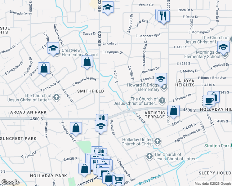 map of restaurants, bars, coffee shops, grocery stores, and more near 4353 Butternut Road in Holladay