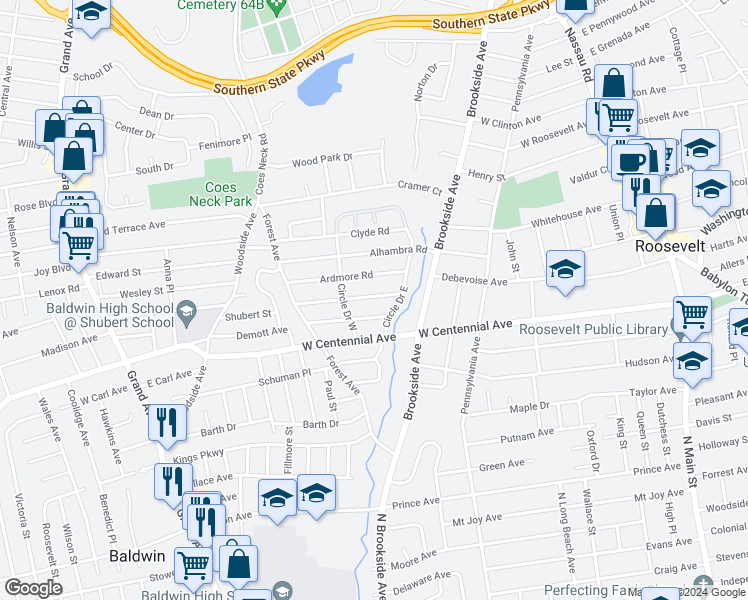 map of restaurants, bars, coffee shops, grocery stores, and more near 1038 Henhawk Road in Baldwin
