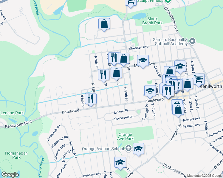 map of restaurants, bars, coffee shops, grocery stores, and more near 40 North 11th Street in Kenilworth