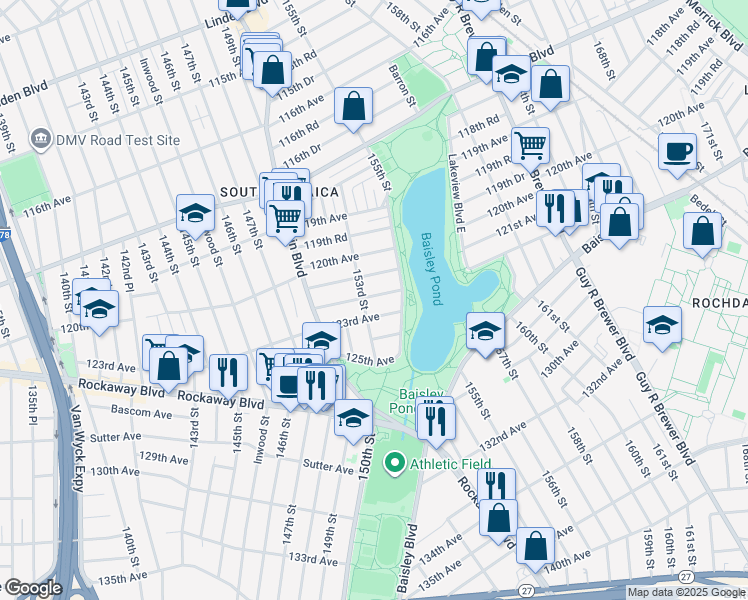 map of restaurants, bars, coffee shops, grocery stores, and more near 153-12 122nd Avenue in Queens