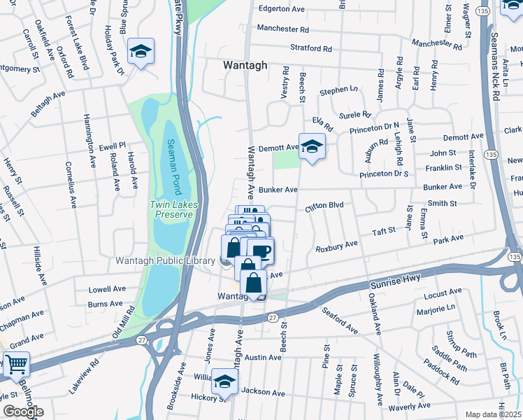 map of restaurants, bars, coffee shops, grocery stores, and more near 3340 Ira Road in Wantagh