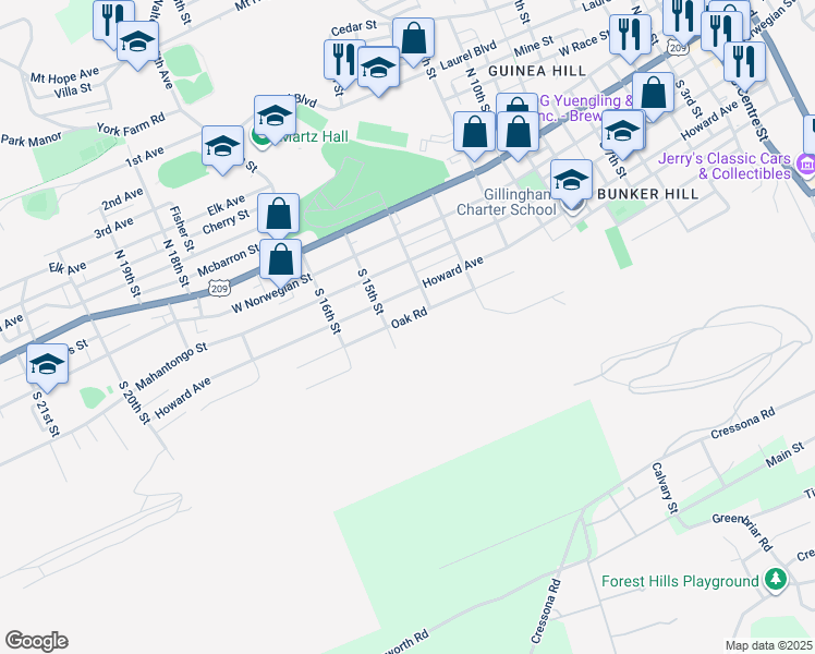 map of restaurants, bars, coffee shops, grocery stores, and more near 1411 Oak Road in Pottsville