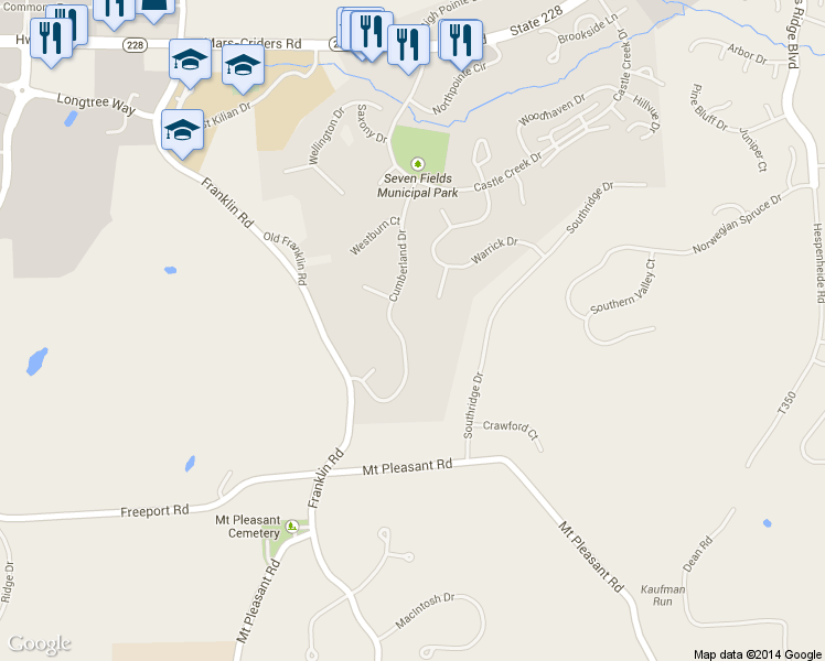 map of restaurants, bars, coffee shops, grocery stores, and more near 228 Cumberland Dr in Seven Fields