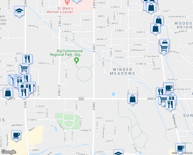 map of restaurants, bars, coffee shops, grocery stores, and more near 4351 South 1300 East in Millcreek