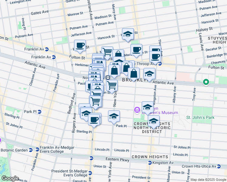 map of restaurants, bars, coffee shops, grocery stores, and more near 1261 Dean Street in Brooklyn