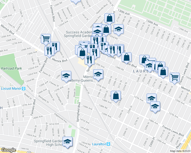 map of restaurants, bars, coffee shops, grocery stores, and more near 217-09 136th Road in Queens
