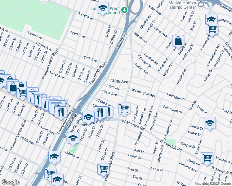 map of restaurants, bars, coffee shops, grocery stores, and more near 243-15 131st Avenue in Queens