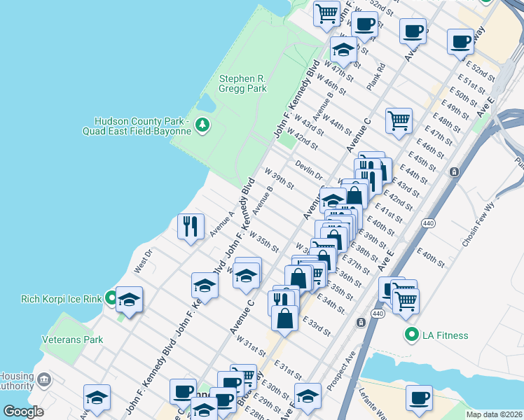 map of restaurants, bars, coffee shops, grocery stores, and more near 20 Avenue B in Bayonne