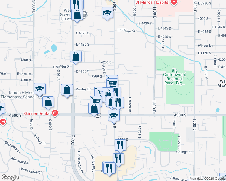 map of restaurants, bars, coffee shops, grocery stores, and more near 4351-4353 900 East in Millcreek