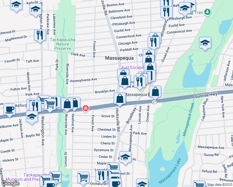 map of restaurants, bars, coffee shops, grocery stores, and more near 503 Hicksville Road in Massapequa