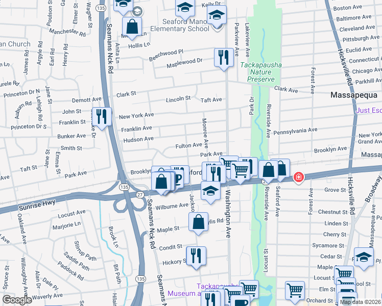 map of restaurants, bars, coffee shops, grocery stores, and more near 1865 Jackson Avenue in Seaford
