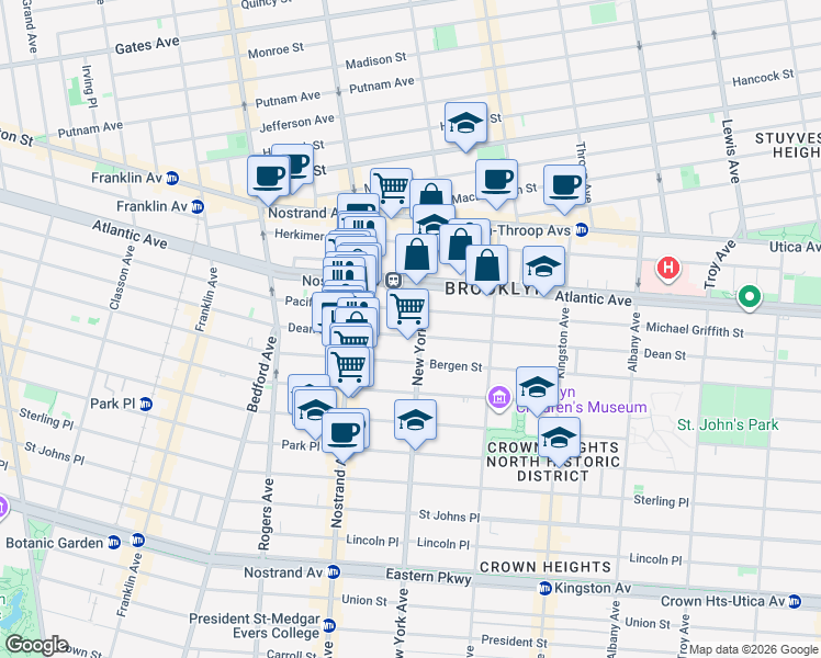 map of restaurants, bars, coffee shops, grocery stores, and more near 1257 Dean Street in Brooklyn