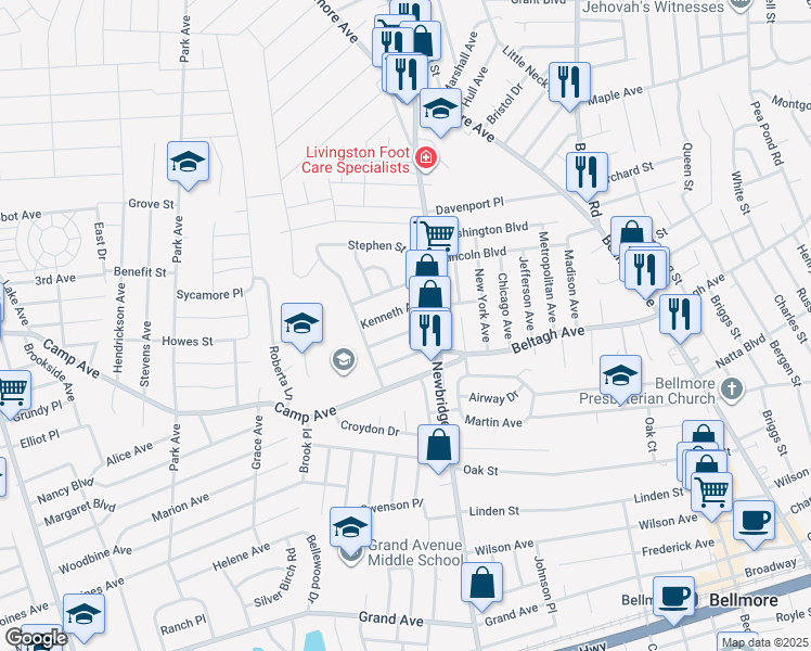 map of restaurants, bars, coffee shops, grocery stores, and more near 2395 Elbert Avenue in North Bellmore